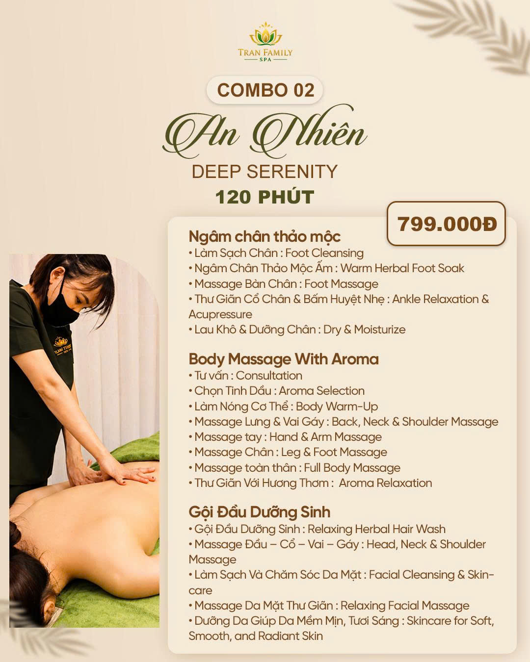 🌿 COMBO 02 – AN NHIÊN | 120 PHÚT THƯ GIÃN SÂU TẠI TRAN FAMILY SPA
