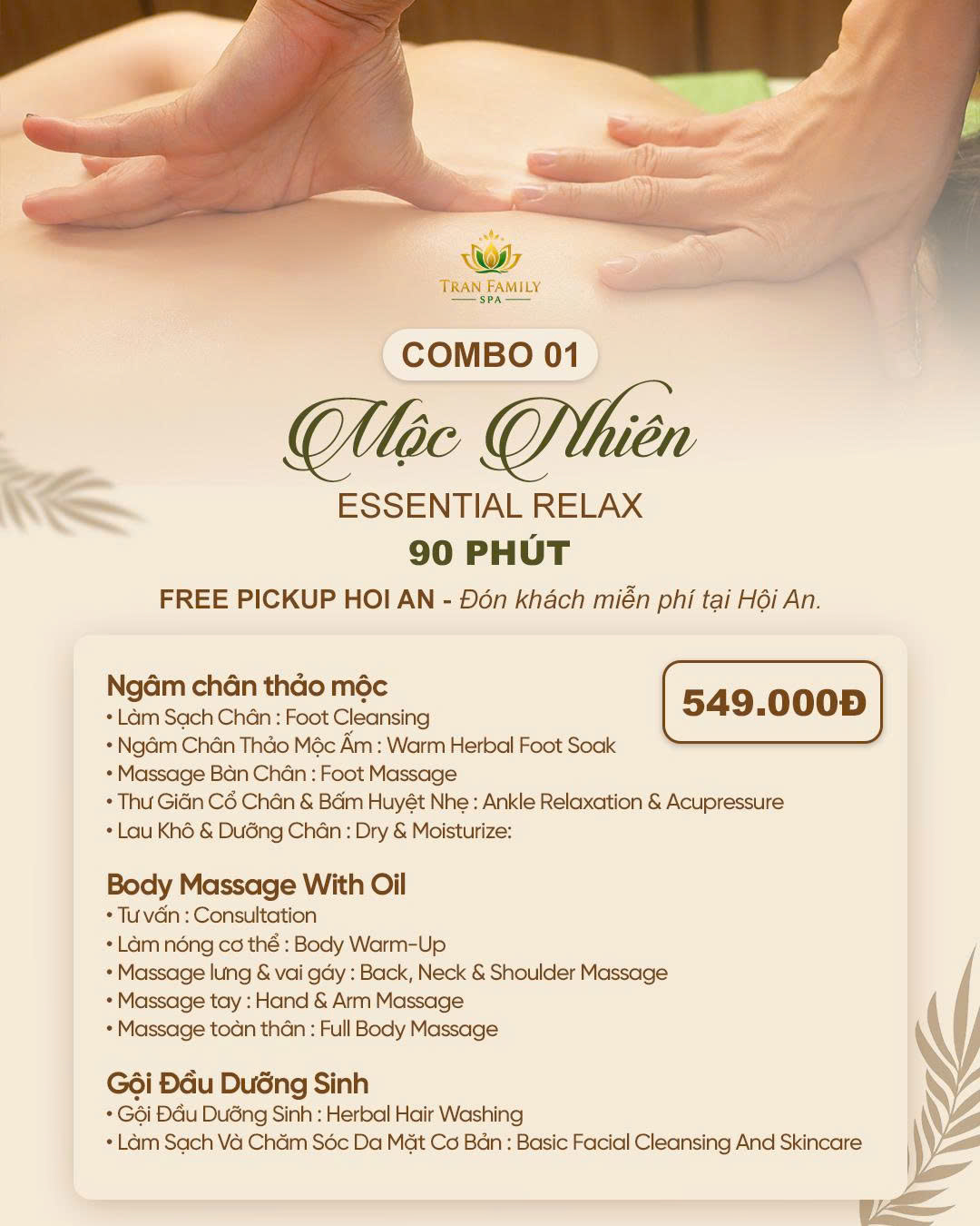 🌿 COMBO 01 – MỘC NHIÊN | 90 PHÚT THƯ GIÃN TRỌN VẸN TẠI TRAN FAMILY SPA